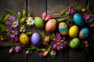 colorato Pasqua decarazioni su di legno tavola fotografia foto