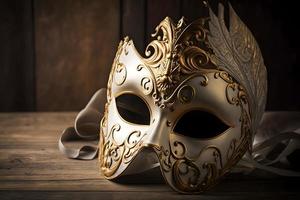 d'oro veneziano maschera su un' di legno tavolo foto