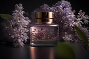 unico e aromatico olio per corpo cura. lilla fiore prodotti fotografia foto