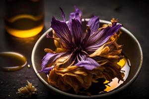 fatti in casa e gustoso fritte lilla fiore nel girasole olio fotografia foto