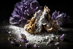 fatti in casa e gustoso fritte lilla fiore con in polvere zucchero cibo fotografia foto