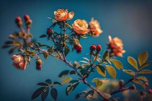 bellissimo primavera confine, fioritura rosa cespuglio su un' blu sfondo. fioritura rosa fianchi contro il blu cielo foto