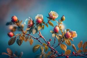 bellissimo primavera confine, fioritura rosa cespuglio su un' blu sfondo. fioritura rosa fianchi contro il blu cielo foto