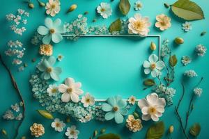 bellissimo primavera natura sfondo con bello fiore, petalo un' su turchese blu sfondo telaio foto