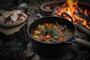 delizioso e caldo cacciatori stufato su falò cibo fotografia foto