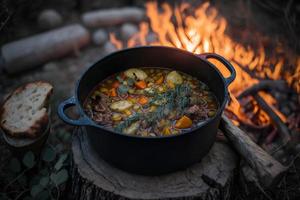 delizioso e caldo cacciatori stufato su falò cibo fotografia foto