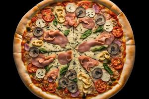 capricciosa Pizza fatto di prosciutto e funghi. tradizionale italiano Pizza cibo fotografia foto