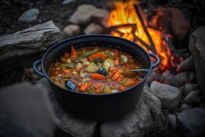 delizioso e caldo cacciatori stufato su falò cibo fotografia foto