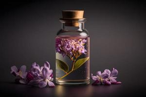 unico e aromatico lilla fragranza nel fiala. fioritura lilla profumo fotografia foto