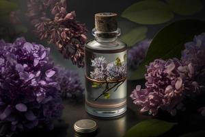 unico e aromatico lilla fragranza nel fiala. fioritura lilla profumo fotografia foto