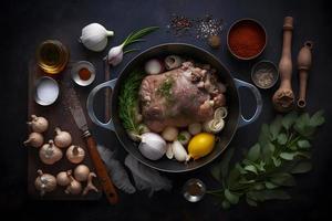 ingredienti per arrostito Maiale nocca nel casseruola con spezie foto