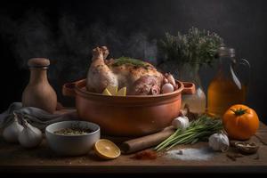 ingredienti per arrostito Maiale nocca nel casseruola con spezie foto