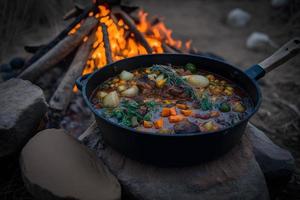 delizioso e caldo cacciatori stufato su falò cibo fotografia foto