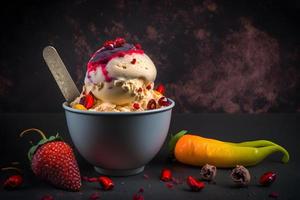 freddo e speziato ghiaccio crema con peperoncino e frutti di bosco fotografia foto