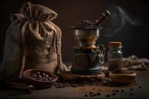 Arabo caffè fagioli nel Borsa e macinino con terra caffè bevanda fotografia foto