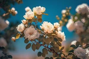 bianca cespuglio Rose su un' sfondo di blu cielo nel il luce del sole. bellissimo primavera o estate floreale sfondo foto