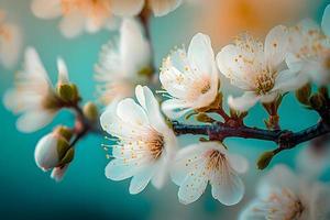 fotografie bellissimo floreale primavera astratto sfondo di natura. rami di fioritura albicocca macro con morbido messa a fuoco su dolce leggero blu cielo sfondo