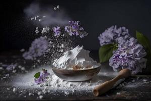 preparazione per fritte lilla fiore con in polvere zucchero. dolce dolce fotografia foto