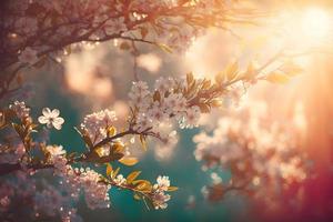 primavera fiorire sfondo. natura scena con fioritura albero e sole bagliore. primavera fiori. bellissimo frutteto fotografia foto