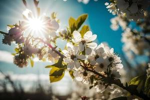 fotografie primavera fioritura - bianca fiori e luce del sole nel il cielo, fotografia