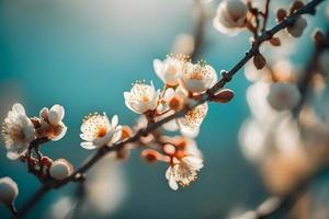 fotografie bellissimo floreale primavera astratto sfondo di natura. rami di fioritura albicocca macro con morbido messa a fuoco su dolce leggero blu cielo sfondo