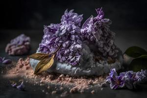 preparazione per fritte lilla fiore con in polvere zucchero. dolce dolce fotografia foto