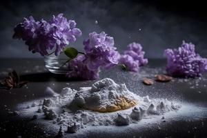 preparazione per fritte lilla fiore con in polvere zucchero. dolce dolce fotografia foto