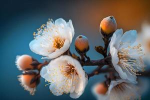 fotografie bellissimo floreale primavera astratto sfondo di natura. rami di fioritura albicocca macro con morbido messa a fuoco su dolce leggero blu cielo sfondo