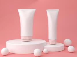 un' finto su di realistico vuoto cosmetico tubo isolato su luminosa rosa e sfondo, 3d interpretazione , 3d illustrazione foto