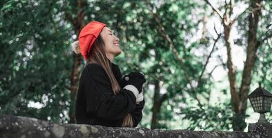 ritratto di asiatico giovane donna nel inverno costume preghiere nel il mattina a il bosco foto