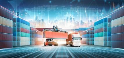 inteligente la logistica e magazzino tecnologia concetto, vero tempo dati Posizione puntamento nolo spedizione consegna, contenitore camion a porta, globale attività commerciale la logistica importare esportare mezzi di trasporto sfondo foto