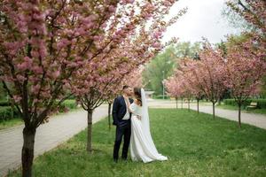Novelli sposi camminare nel il parco tra ciliegia fiori foto