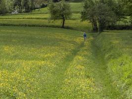 donna a piedi su giallo fiori campo nel primavera foto