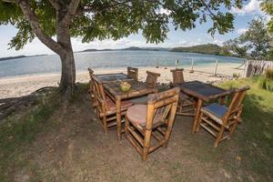 fresco Noce di cocco su bambù tavolo su il spiaggia foto