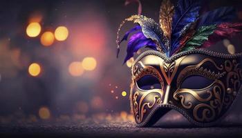 carnevale festa. veneziano maschera su buio bokeh sfondo. Festival decorazione. foto