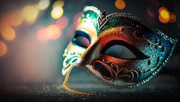 carnevale festa. veneziano maschera su buio bokeh sfondo. Festival decorazione. foto