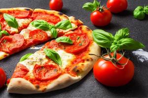 italiano Pizza margherita con pomodoro salsa Mozzarella formaggio basilico su un' buio calcestruzzo sfondo. Pizza ricetta e menù. foto