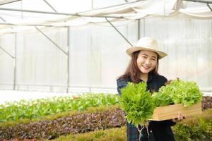 asiatico femmina agricoltori siamo fare biologico verdura aziende agricole con moderno tecnologia e producendo qualità prodotti. foto