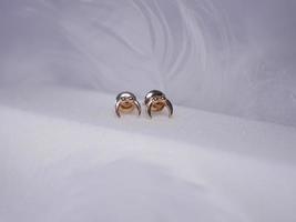 bellissimo oro orecchini avvicinamento su un' bianca sfondo foto