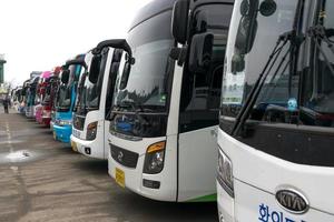 fila di autobus turistici a gangwon-do, corea foto