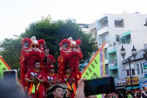 ho chi minh città, vietnam, 2023, lunare nuovo anno celebrazione - il Drago danza, bellissimo colorato festivo figura. tet vacanza sfondo. Cinese lunare nuovo anni giorno, primavera Festival. foto