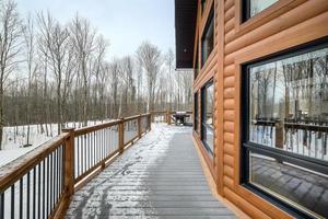 inverno cottage nel a distanza la zona Quebec, Canada, log Casa con sauna, terme, camere da letto, piscina, vivente camera, messanino, cucina e bagni foto