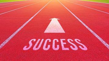 successo testo scritto su un Atletica traccia concetto per attività commerciale pianificazione strategie e sfide o carriera sentiero opportunità e modificare, strada per successo concetto foto