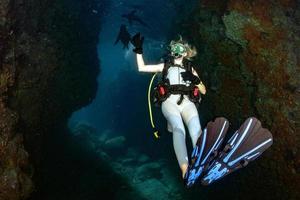 bionda donna giocando con mare Leone mentre immersione Messico foto