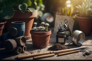 foto giardinaggio - impostato di utensili per giardiniere e vasi di fiori nel soleggiato giardino, fotografia