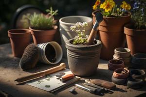 foto giardinaggio - impostato di utensili per giardiniere e vasi di fiori nel soleggiato giardino, fotografia