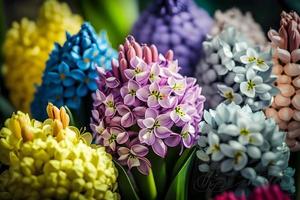 foto grande fiore letto con multicolore giacinti, tradizionale Pasqua fiori, fiore sfondo, Pasqua primavera sfondo