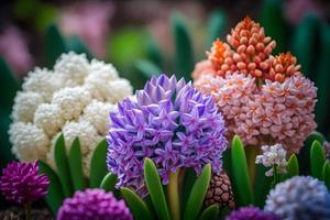 foto grande fiore letto con multicolore giacinti, tradizionale Pasqua fiori, fiore sfondo, Pasqua primavera sfondo