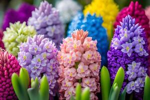 foto grande fiore letto con multicolore giacinti, tradizionale Pasqua fiori, fiore sfondo, Pasqua primavera sfondo