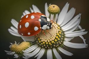 foto rosso coccinella su camomilla fiore, coccinella brividi su stelo di pianta nel primavera nel giardino nel estate, fotografia